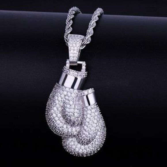 14K WHITE GOLD plated  ICED BOXING GLOVES PENDANT - Picture 1 of 5